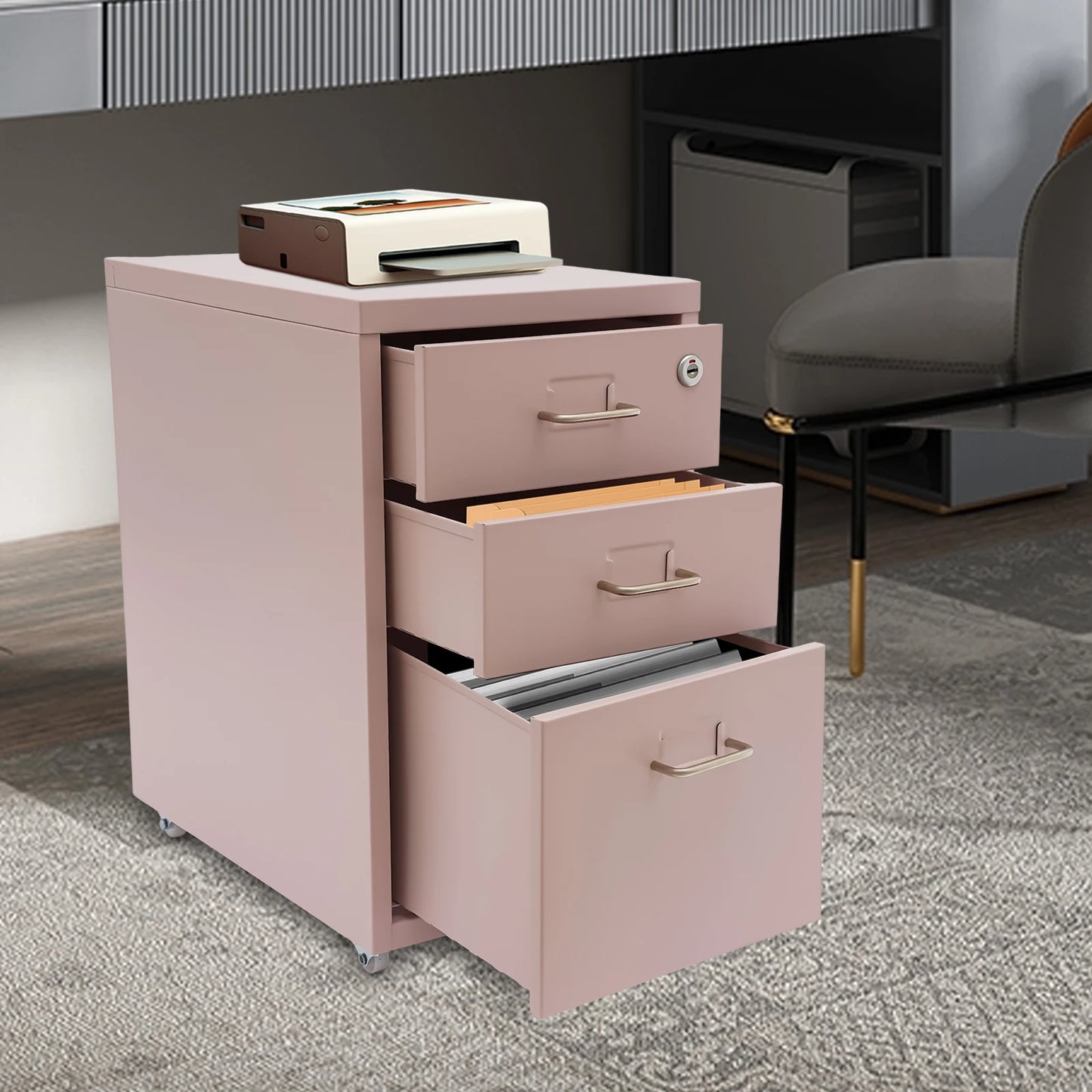 Bymaocar 3 Tier Vertical Metal File Cabinet With Lock Mobile