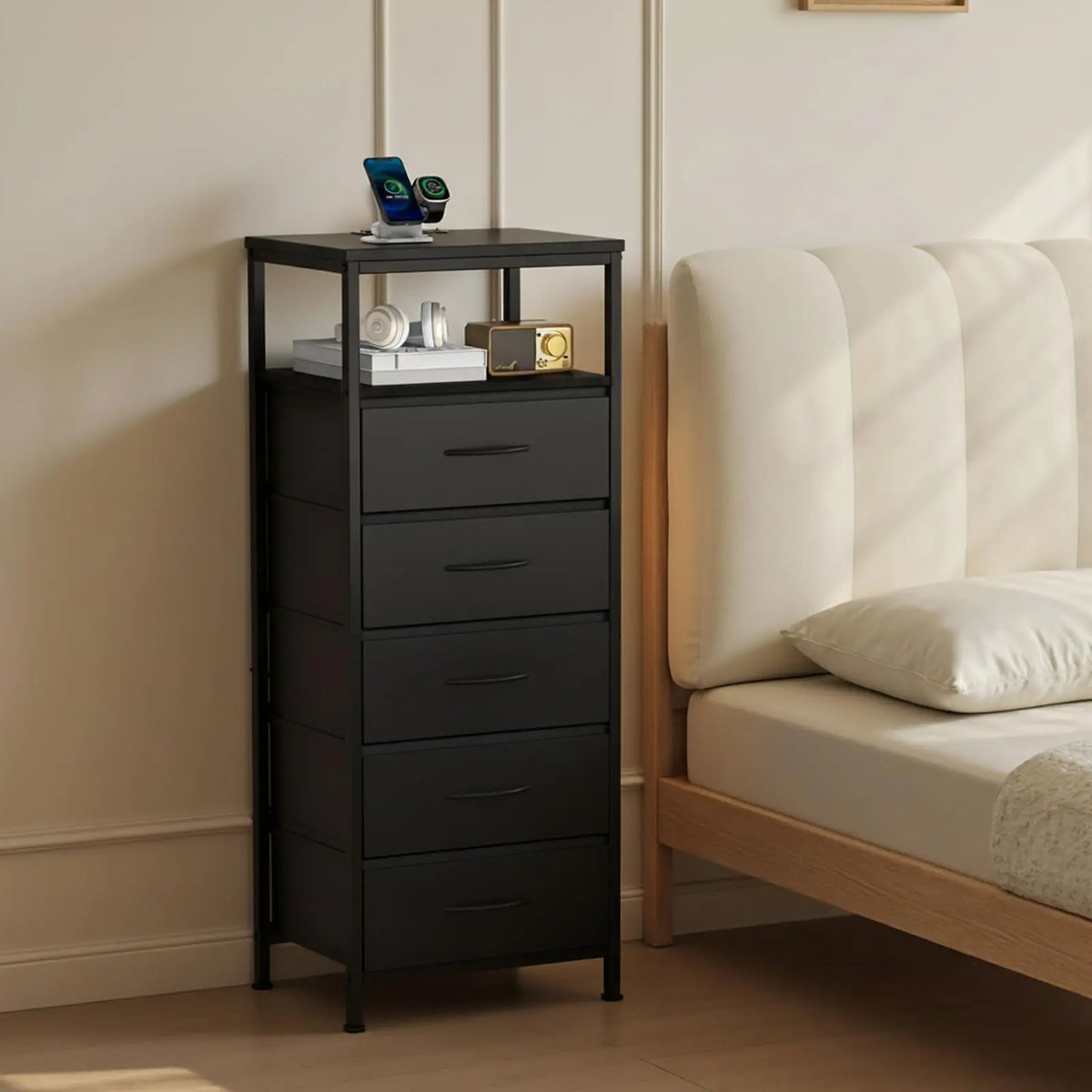 JHK Five Drawer Dresser Nightstand With Integrated Charging Port