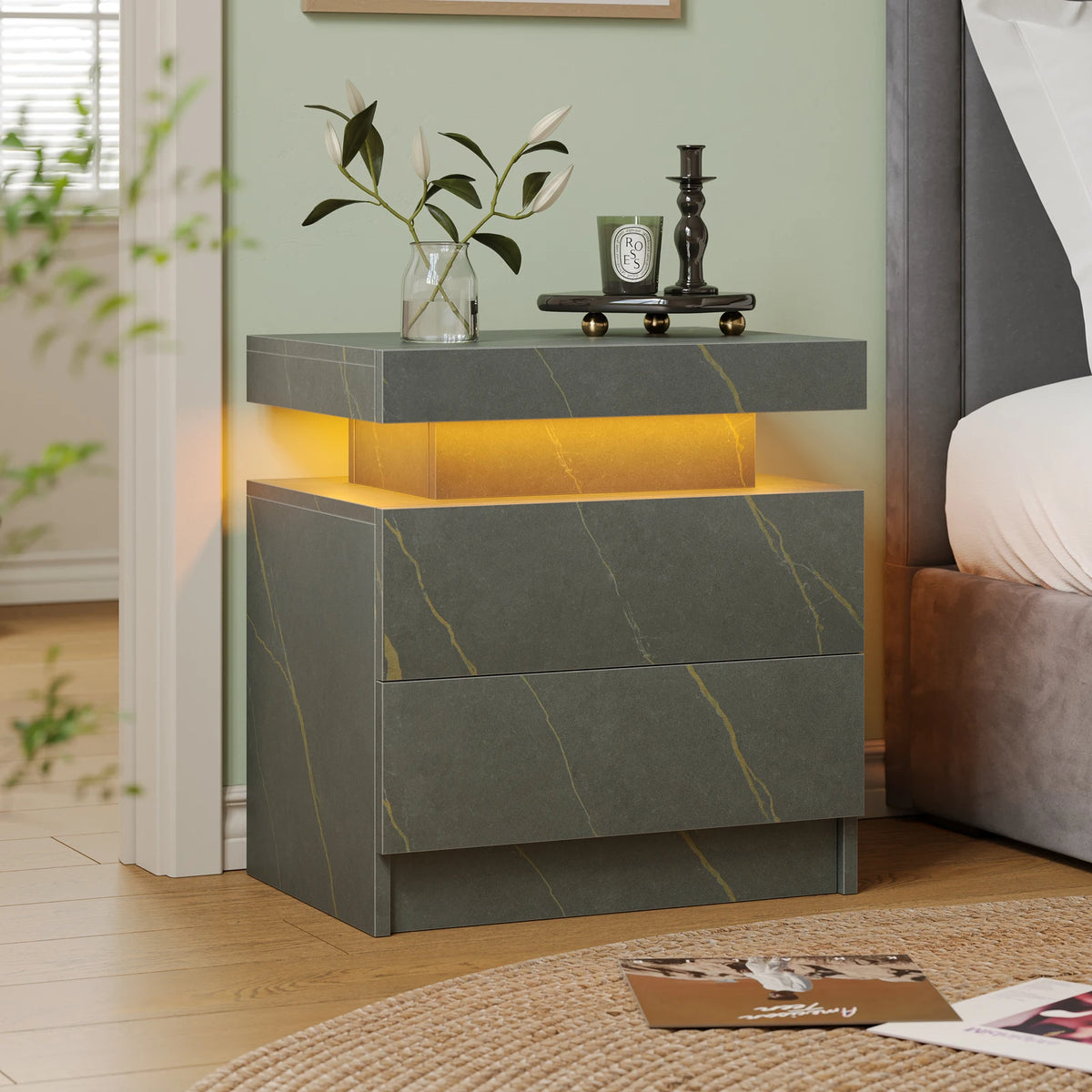 Cubehom Wooden Led Nightstand With Two Drawers And Rgb Lights