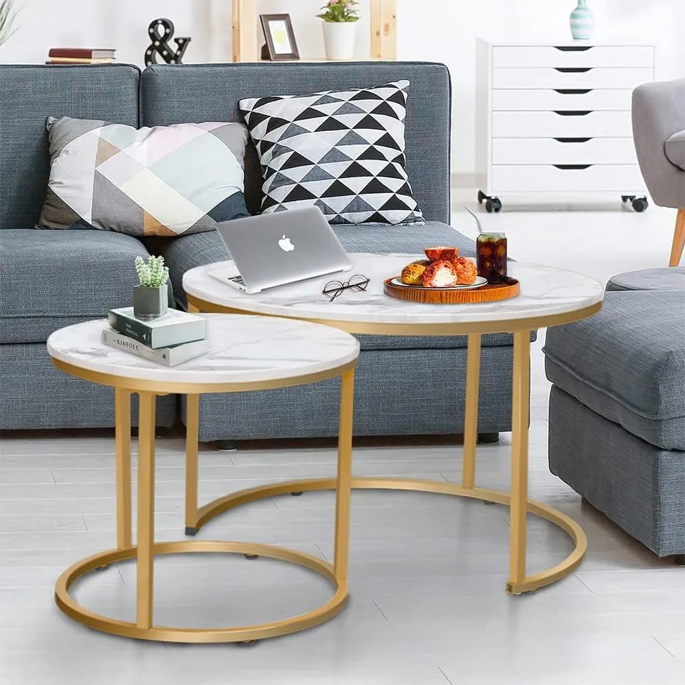 Xiuwo Nesting Coffee Tables Set White Marble Pattern Golden Frame