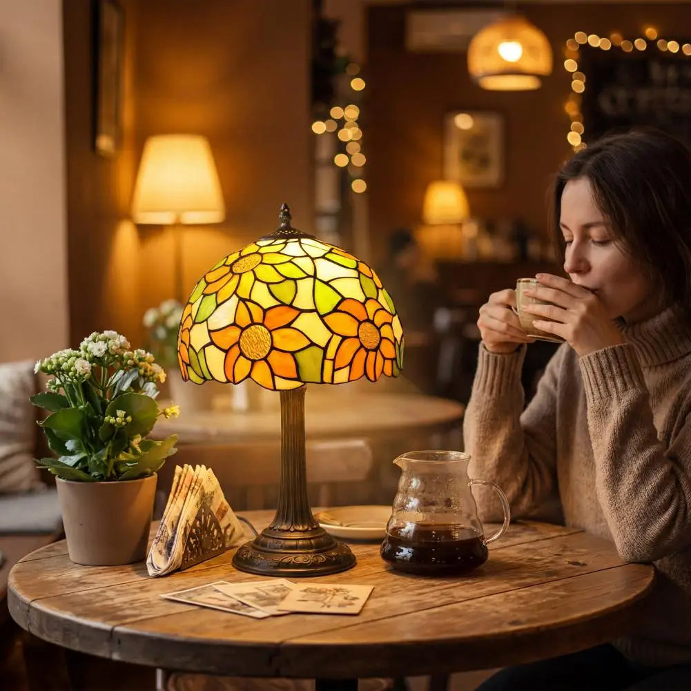 Vintage Stained Glass Sunflower Table Lamp For Bedroom