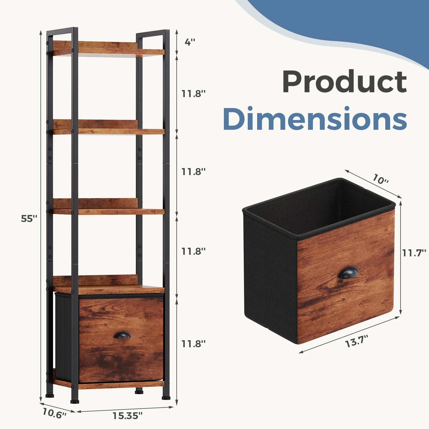 JHK Wood 5 Tier Bookshelf With Fabric Drawer Storage Organizer
