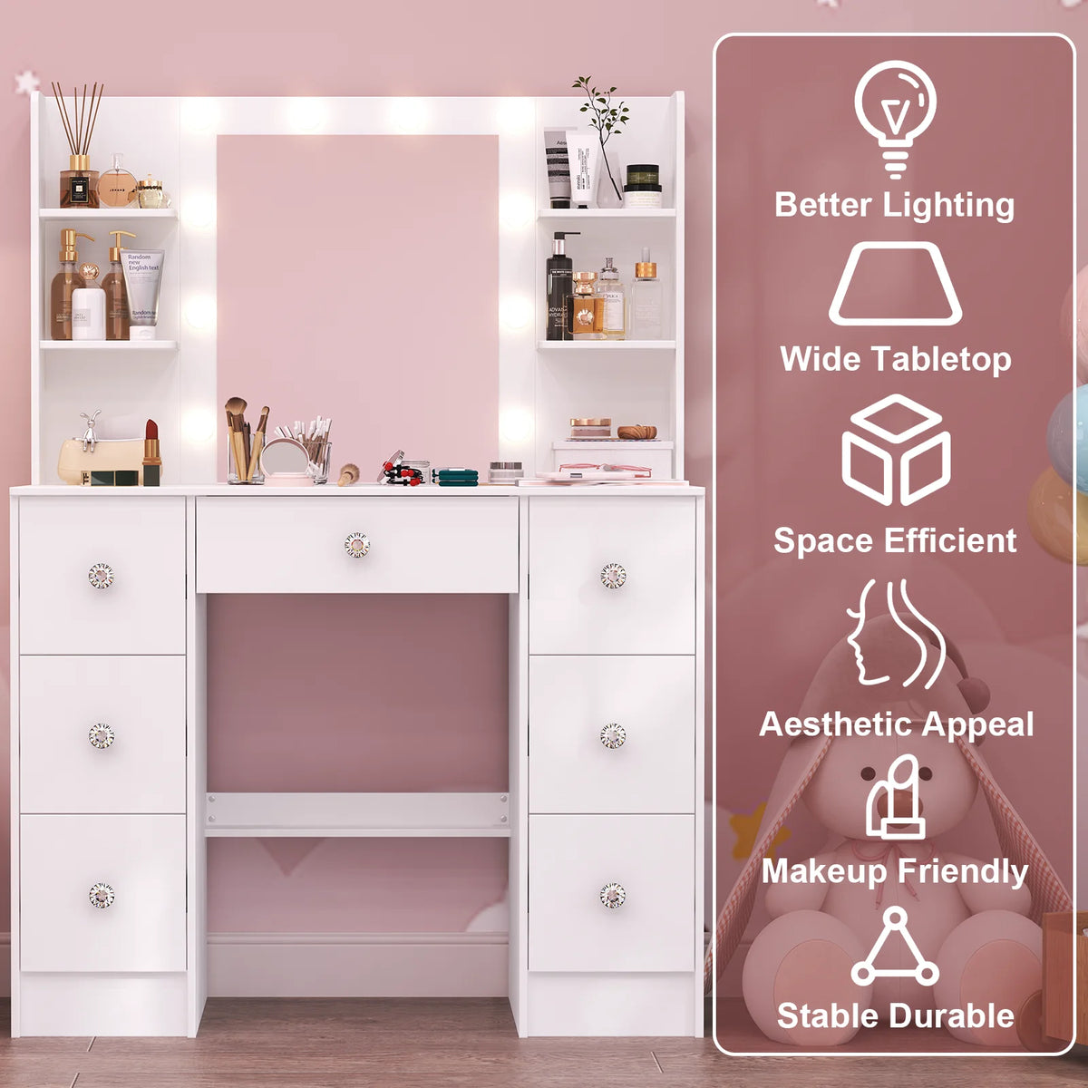 Onesaimei Adjustable Led Mirror Seven Drawer Vanity Desk Set