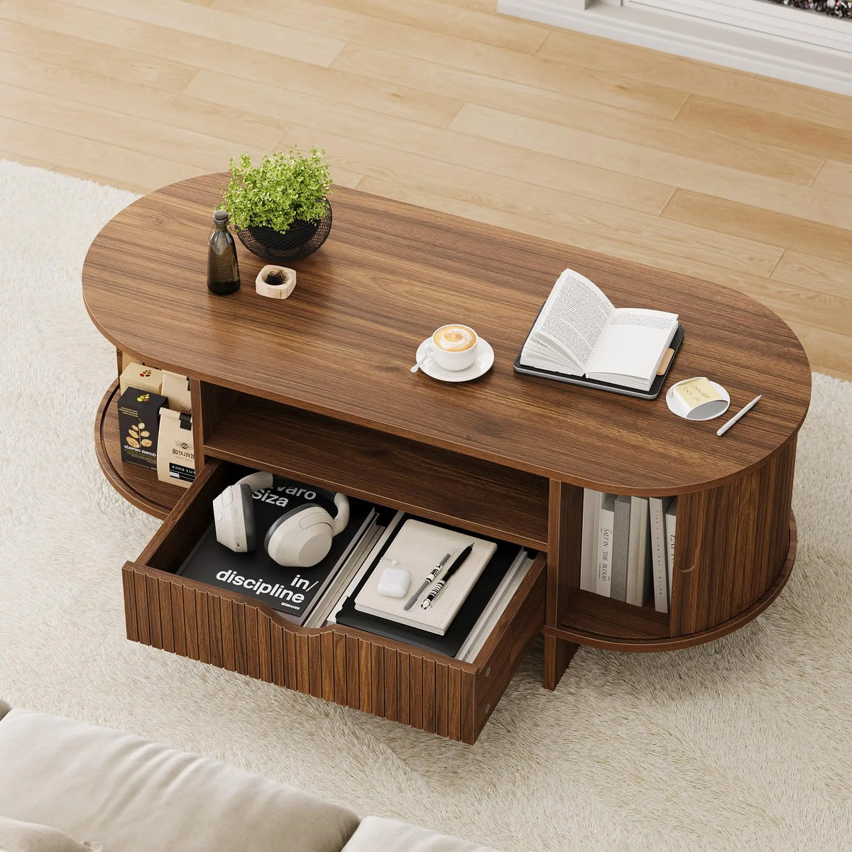 HiMISS Modern Fluted Oval Coffee Table With Storage Drawer And Cabinet