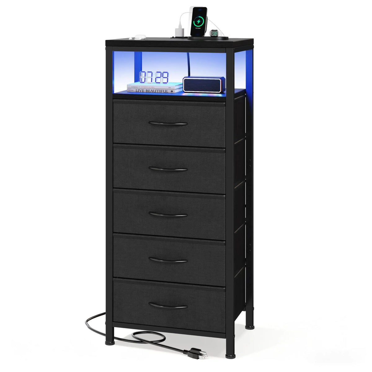 JHK Five Drawer Dresser Nightstand With Integrated Charging Port