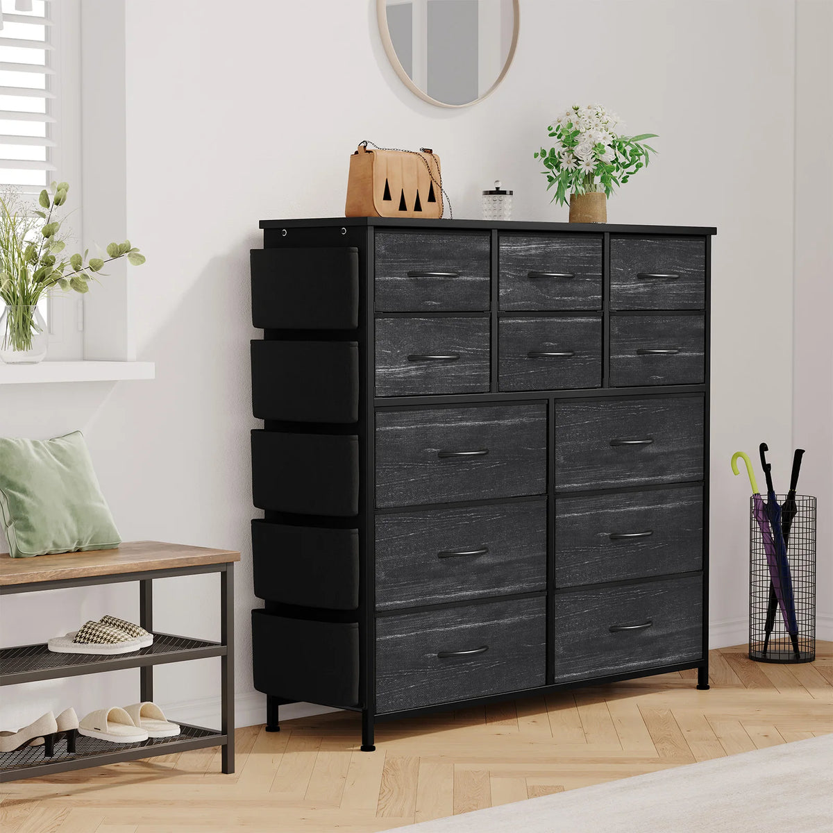 HiMISS 12 Drawer Dresser With Metal Frame And Wood Top