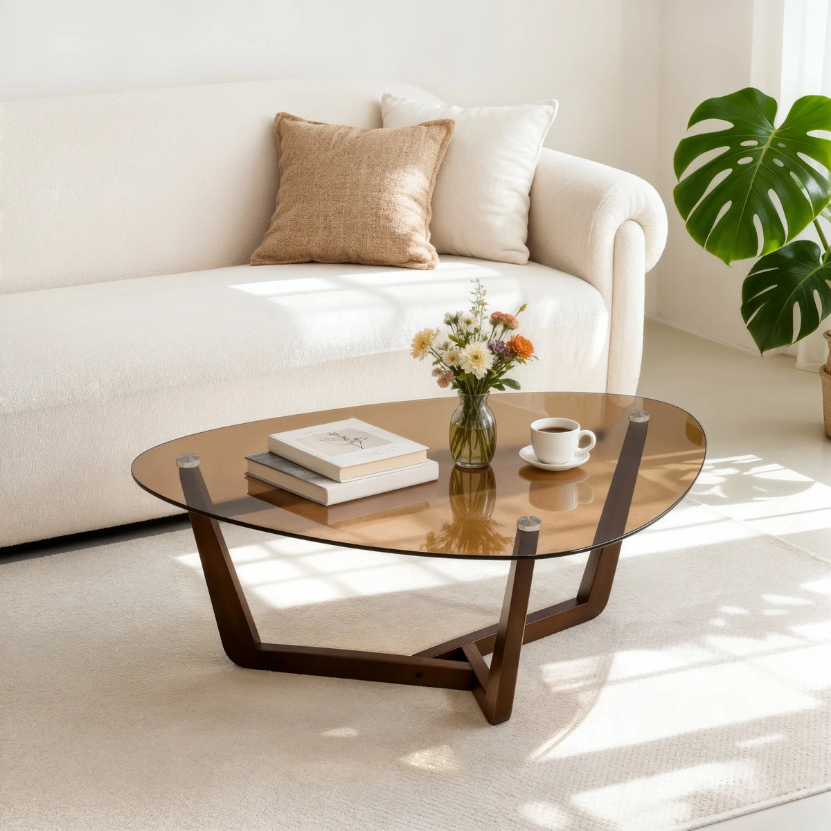 Triangular Tempered Glass Coffee Table With Sculptural Wood Base