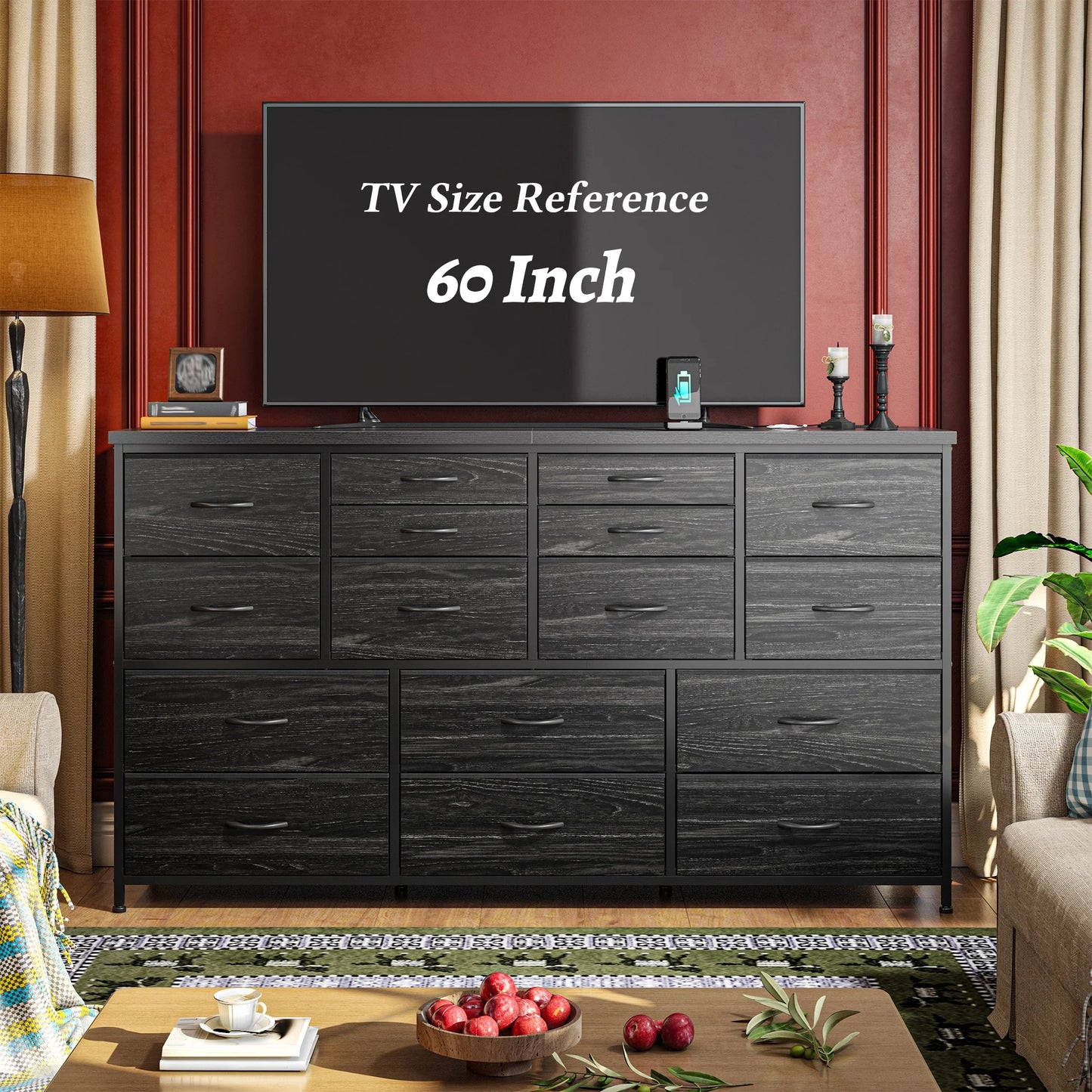 16-Drawer Fabric Dresser With Charging Station And TV Stand
