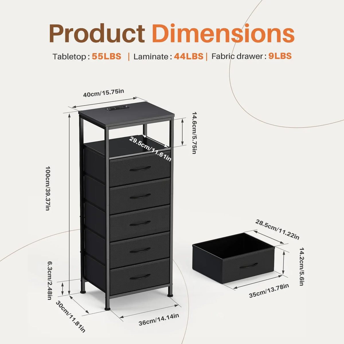 JHK Five Drawer Dresser Nightstand With Integrated Charging Port