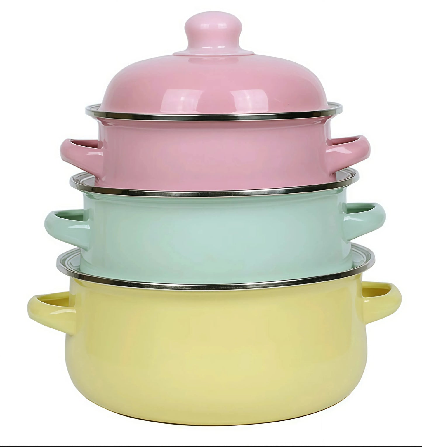 3-Piece Vintage Enamel Stock Pot Set With Lids For Induction And Gas Stoves