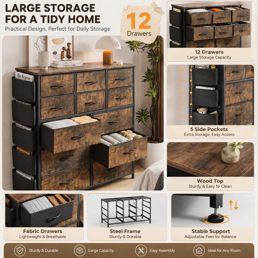 12 Drawer Fabric Dresser Wooden Top Steel Frame Storage Organizer