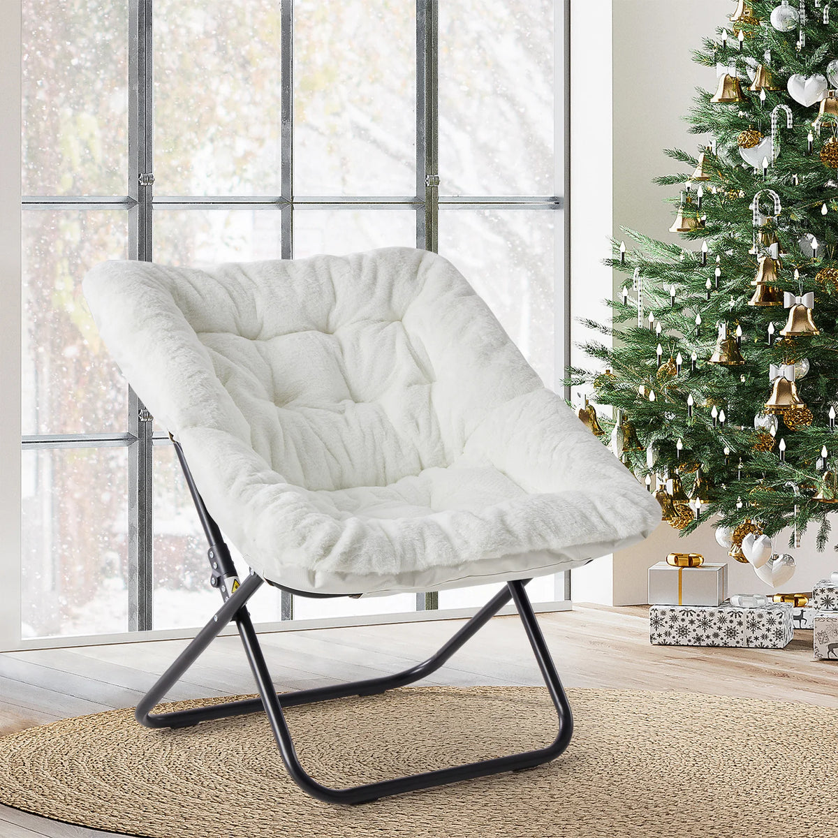 JHK Foldable Swivel Saucer Chair With Padded Fabric Seat