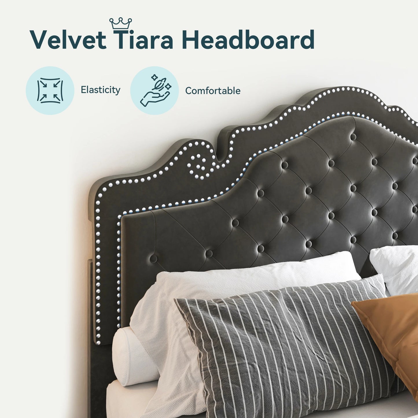 HOOMIC Velvet Bed Frame With Adjustable Tiara Headboard And Diamond Tufted