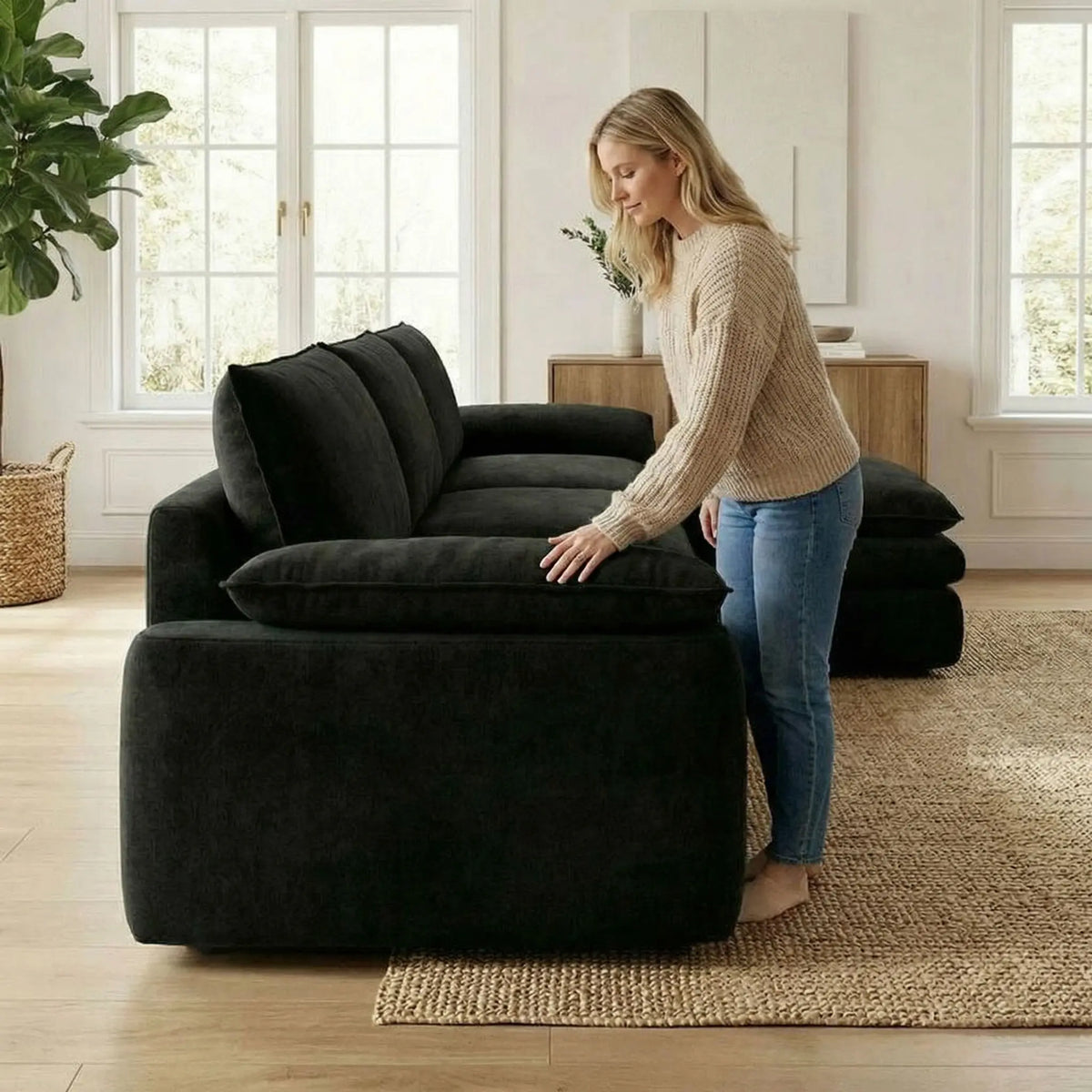 Modern L Shaped Chenille Sectional Couch With Chaise Lounge
