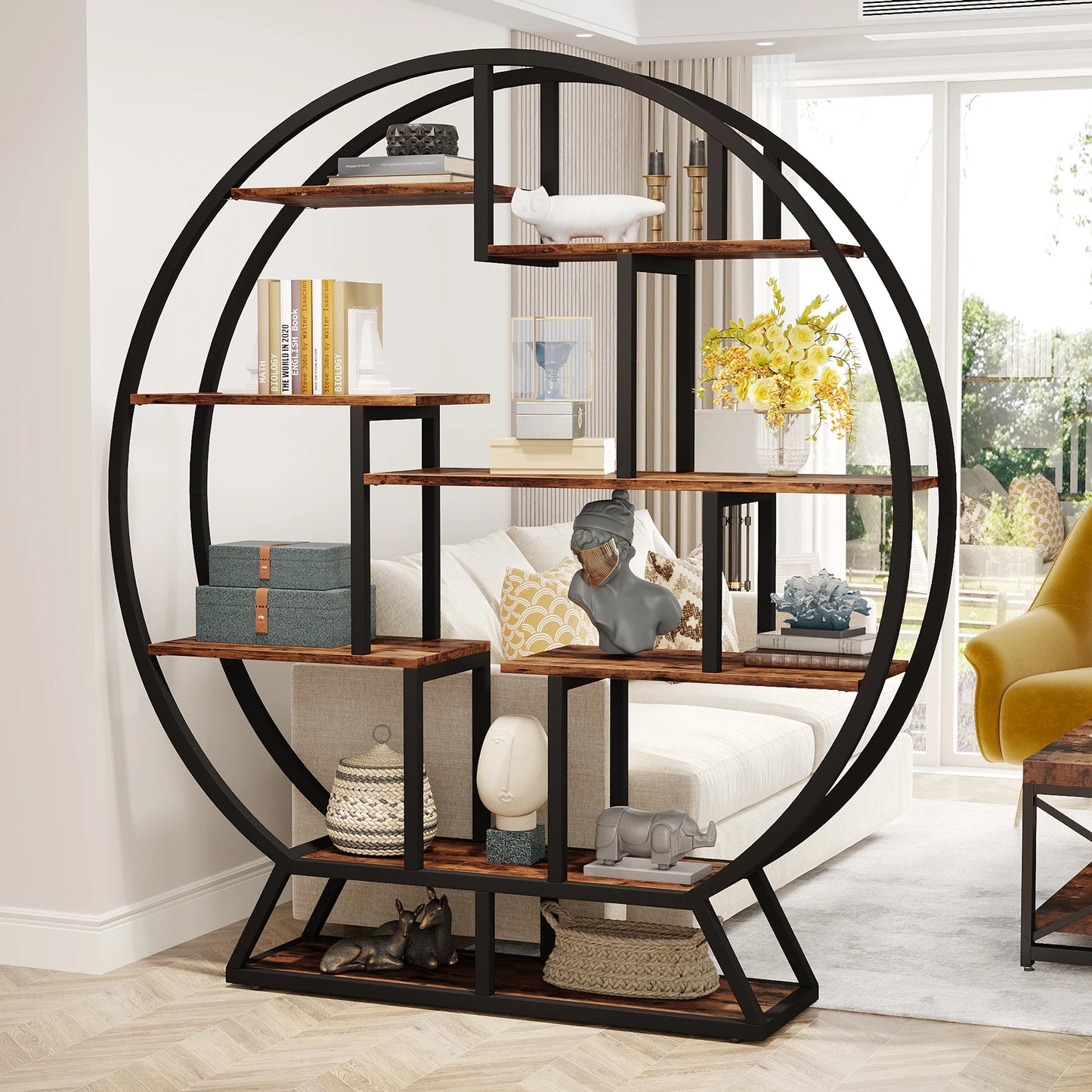Tribesigns Round Industrial Wood Etagere Bookshelf Five Tier
