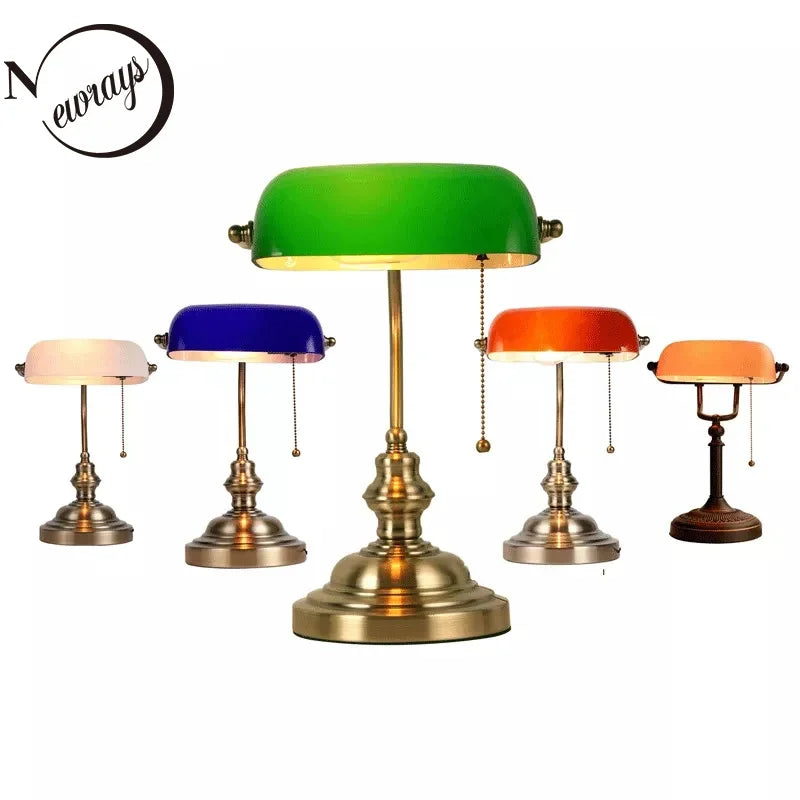 Classical Glass And Iron Banker Desk Lamp For Home Office Lighting