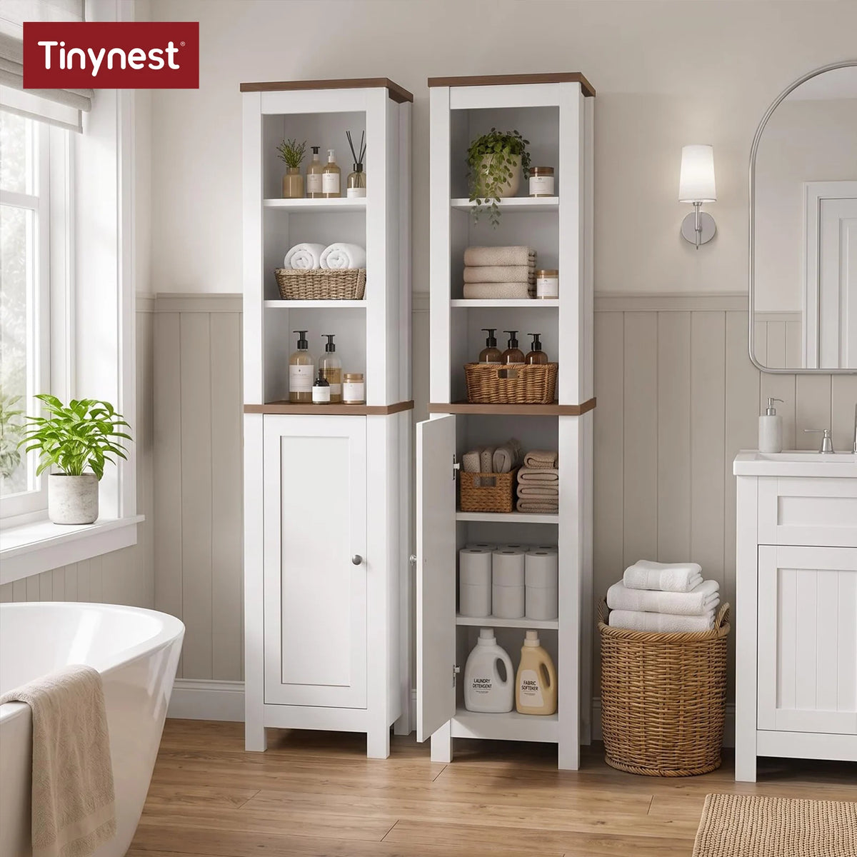 TinyNest Freestanding Wooden Bathroom Storage Cabinet With Adjustable Shelves