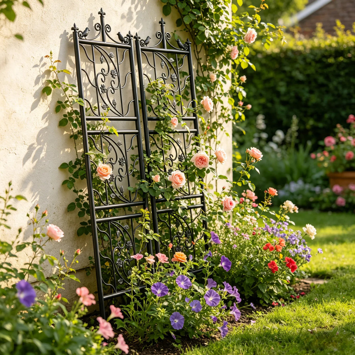 Tall Thick Metal Garden Trellis Bird Leaf Grid Climbing Support