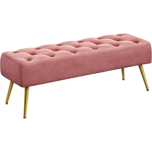 Velvet Upholstered Ottoman Bench With Tapered Gold Metal Legs