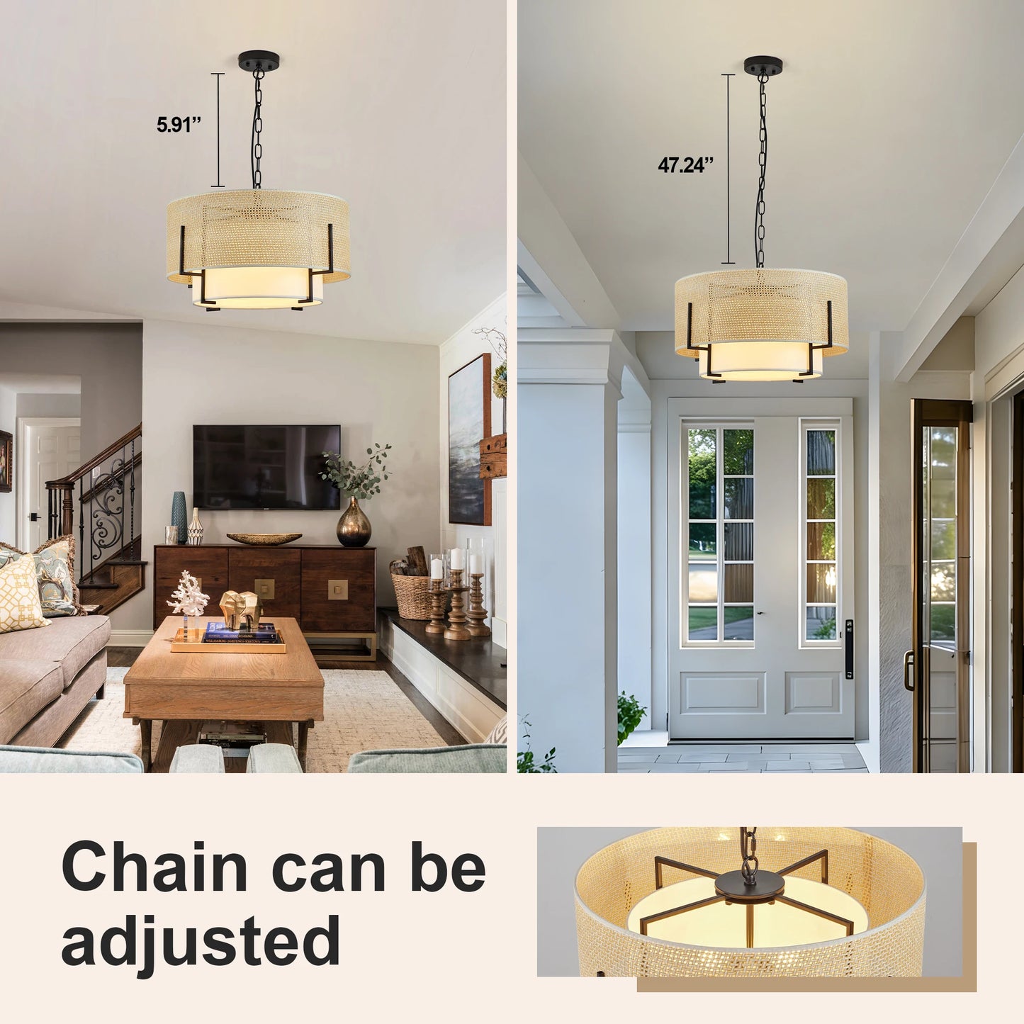 ZHIKEA Farmhouse Boho 4Light Rattan Pendant Chandelier With Fabric Shade