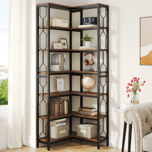 Tribesigns 7 Tier Industrial Corner Bookshelf Wood And Metal Etagere