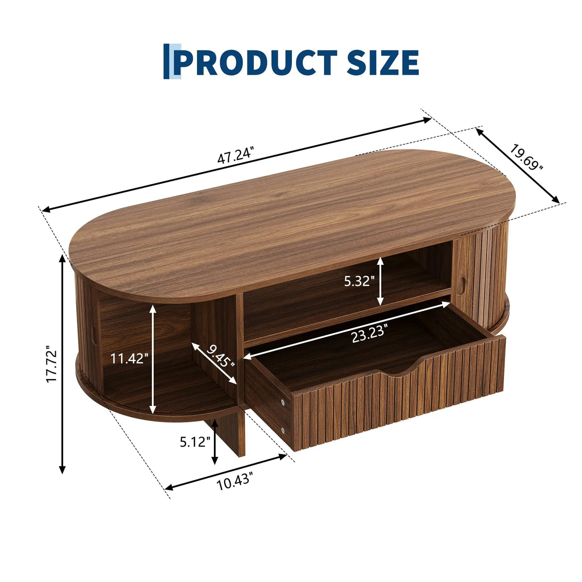 HiMISS Modern Fluted Oval Coffee Table With Storage Drawer And Cabinet