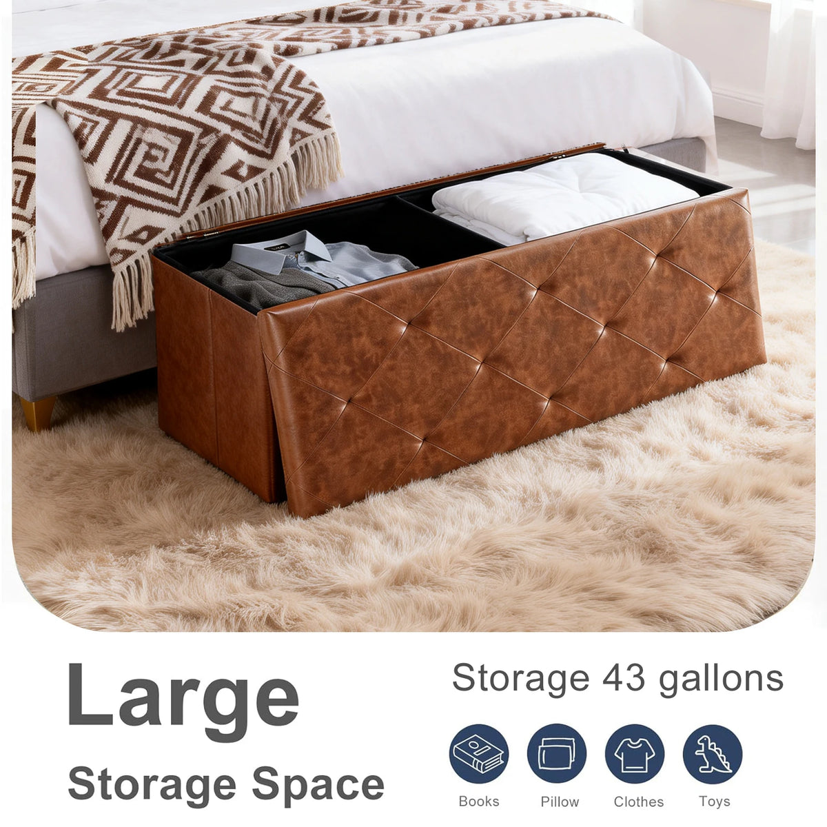 Sturdy Tufted Faux Leather Folding Storage Bench Ottoman