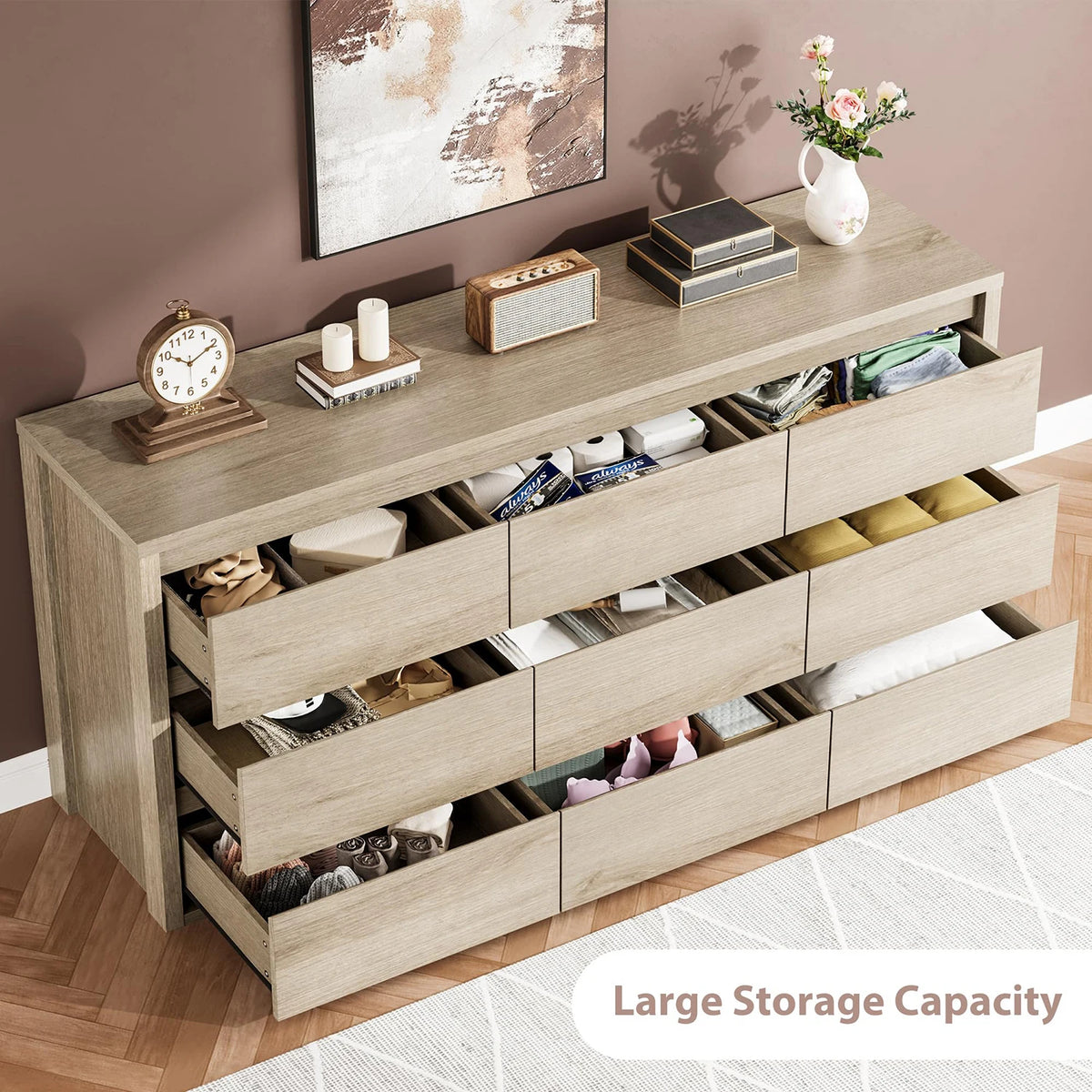 Acekool Modern Wood Nine Drawer Bedroom Storage Dresser