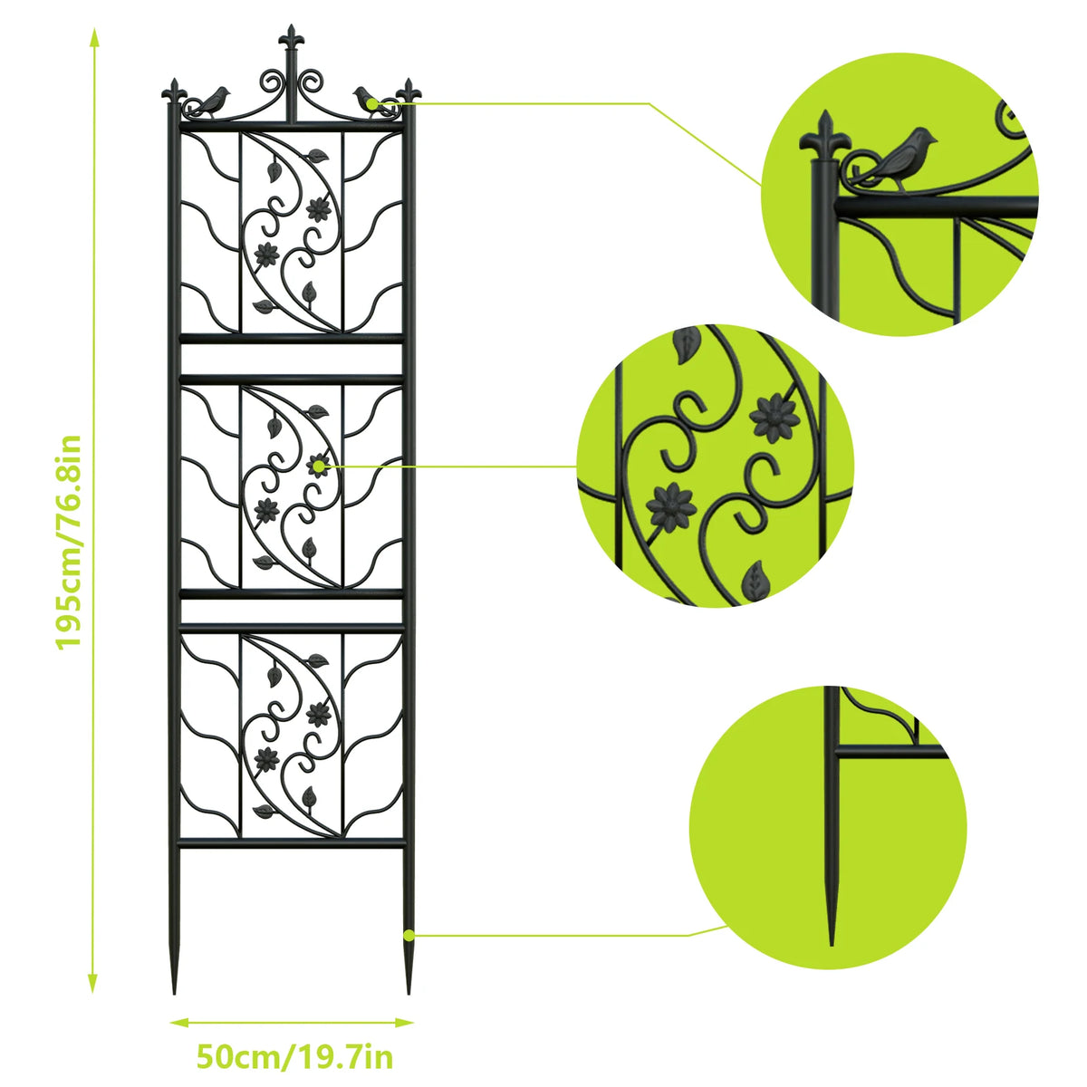 Tall Thick Metal Garden Trellis Bird Leaf Grid Climbing Support