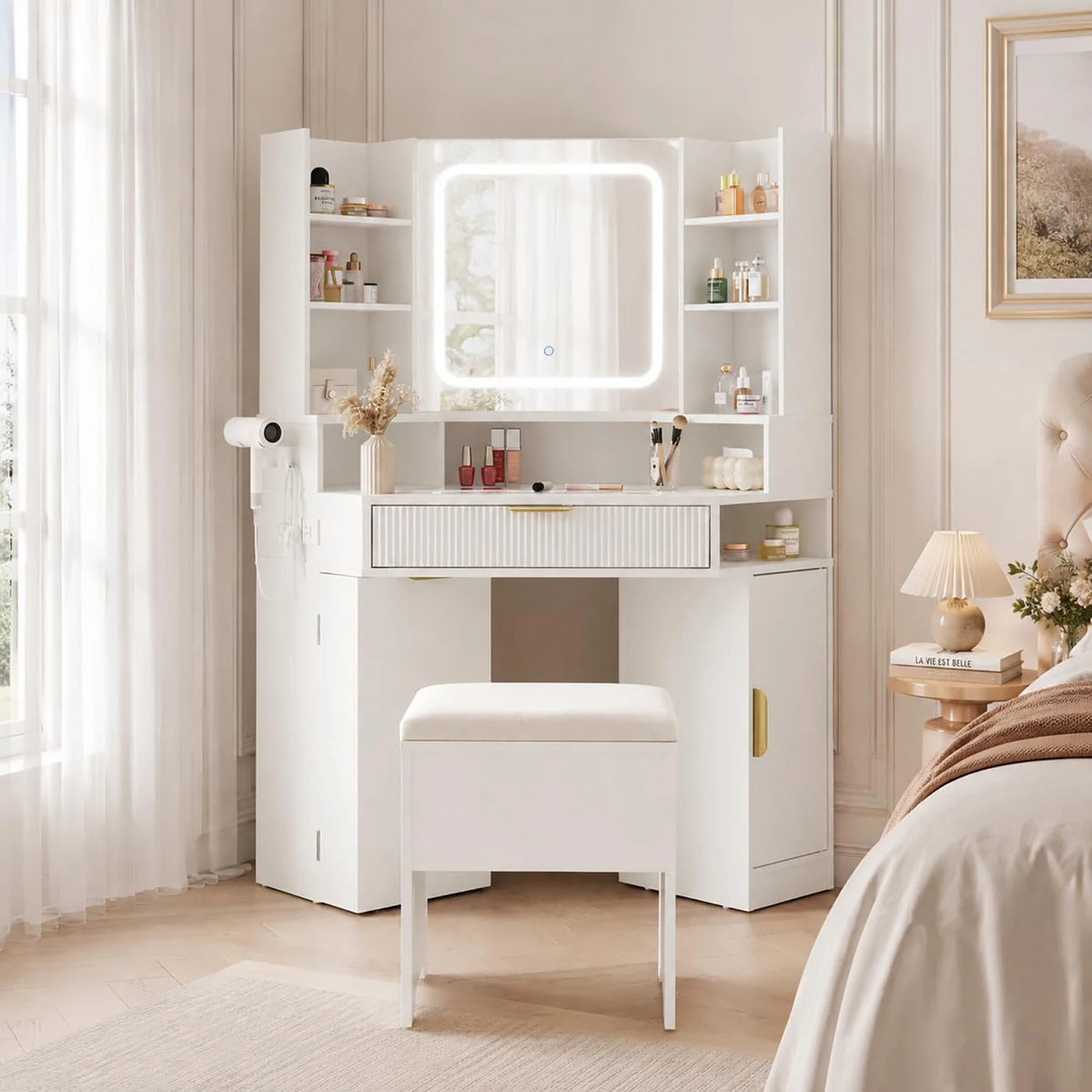 HiMISS Corner Vanity Desk With LED Mirror And Charging Station