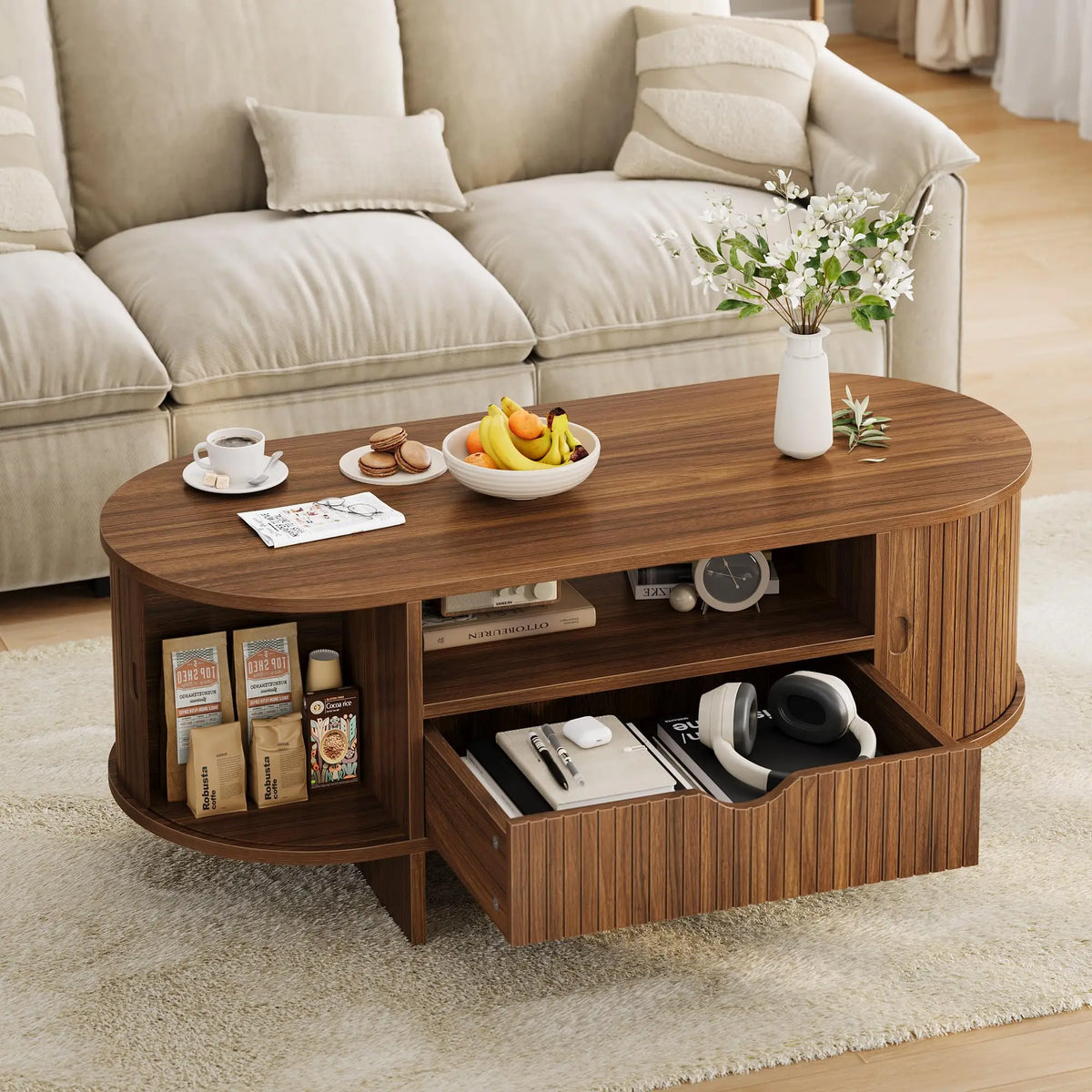 HiMISS Modern Fluted Oval Coffee Table With Storage Drawer And Cabinet