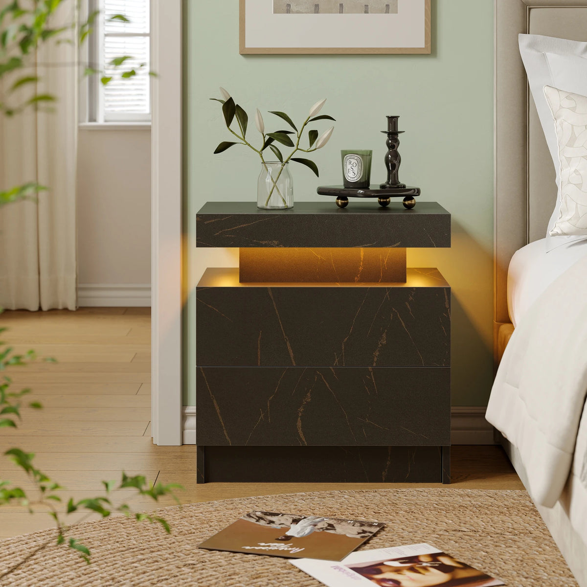 Cubehom Wooden Led Nightstand With Two Drawers And Rgb Lights