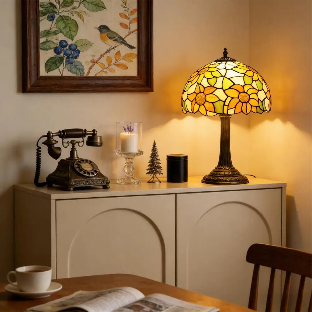 Vintage Stained Glass Sunflower Table Lamp For Bedroom