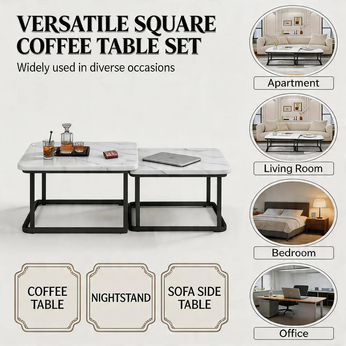 HiMISS Square Fluted Nesting Coffee Table Set For Home Decor