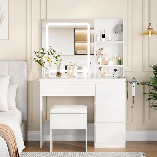 Vanity Desk With LED Mirror And Lights 4 Drawers Storage