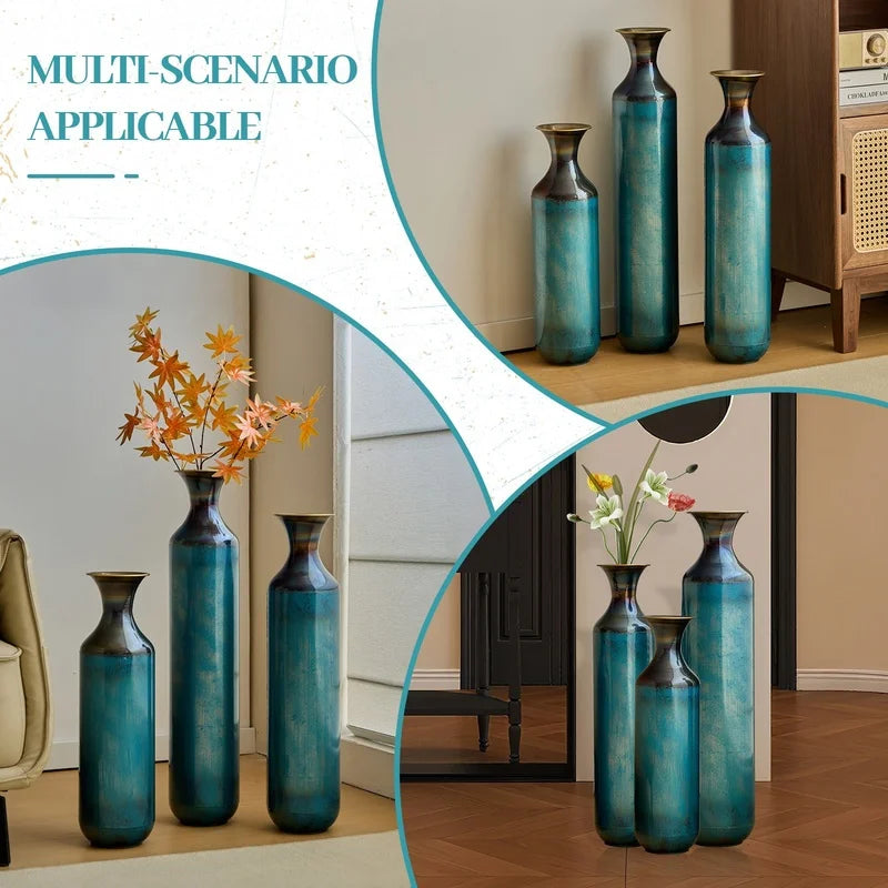 Torch-Fired Metal Floor Vases Set Rustic Home Decor