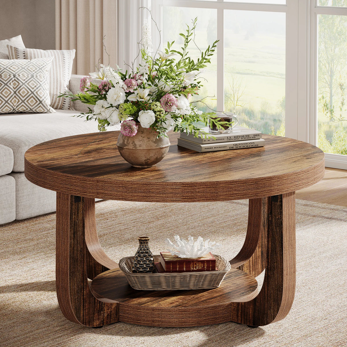 Tribesigns Modern Round Coffee Table With Two Tier Wood Storage