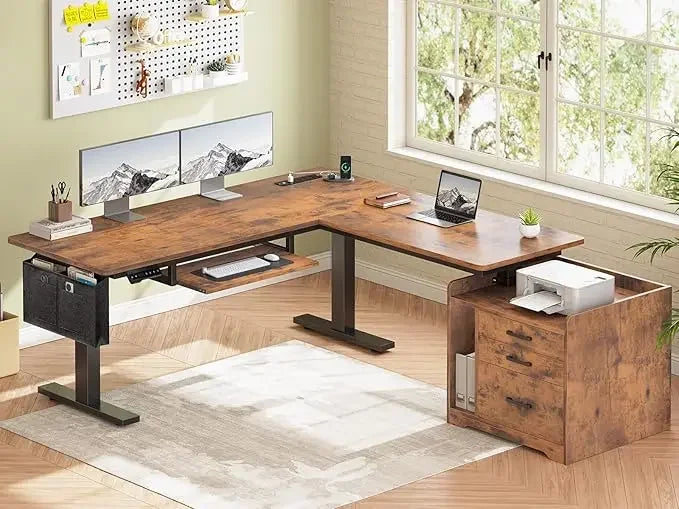 L-Shaped Electric Standing Desk With File Cabinet Adjustable Height