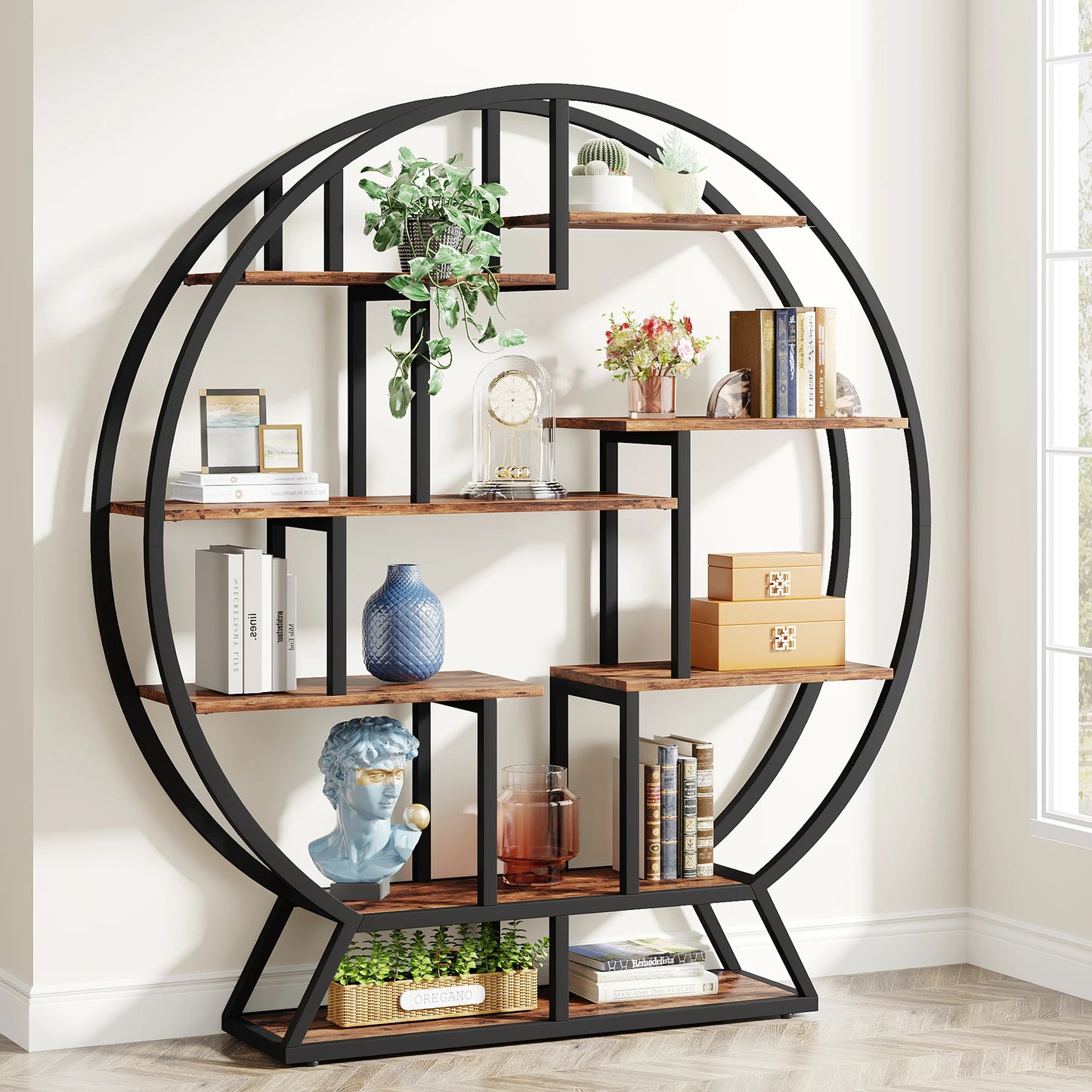 Tribesigns Round Industrial Wood Etagere Bookshelf Five Tier