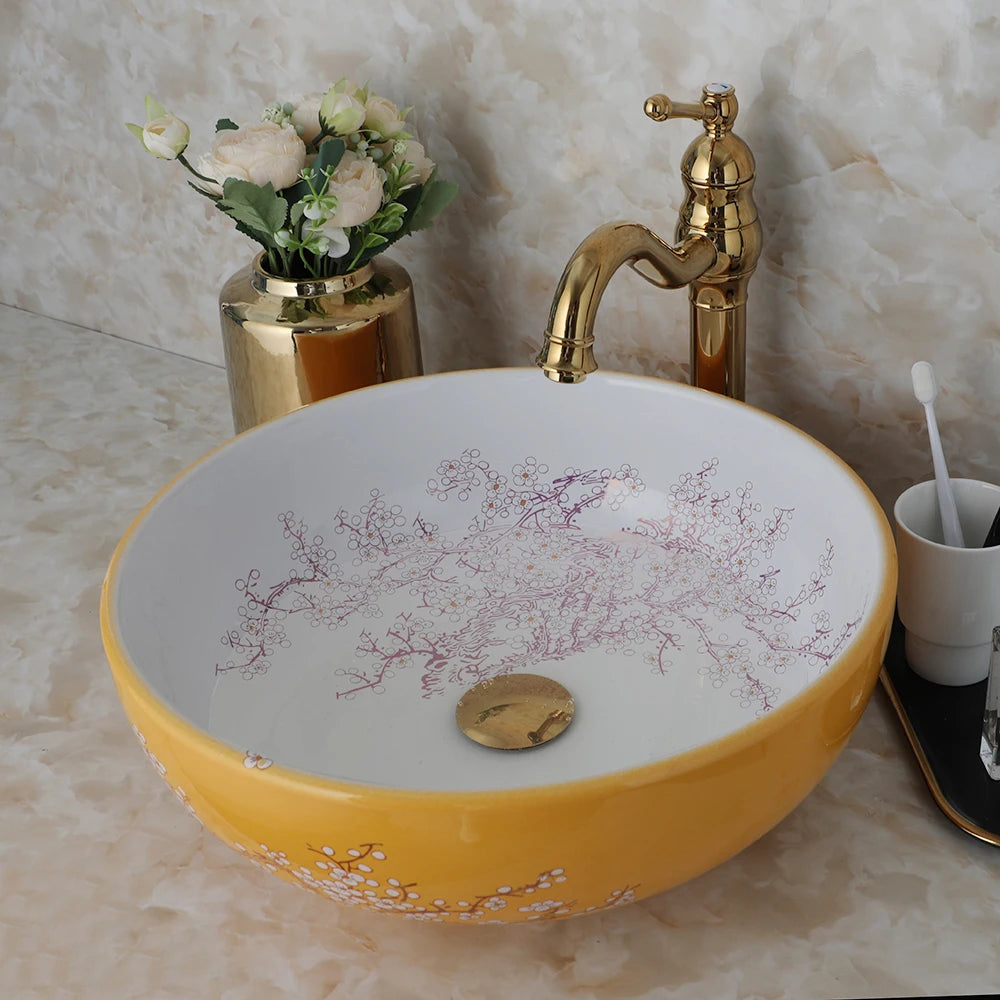 Yanksmart Ceramic Bowl Bathroom Basin Set With Antique Faucet