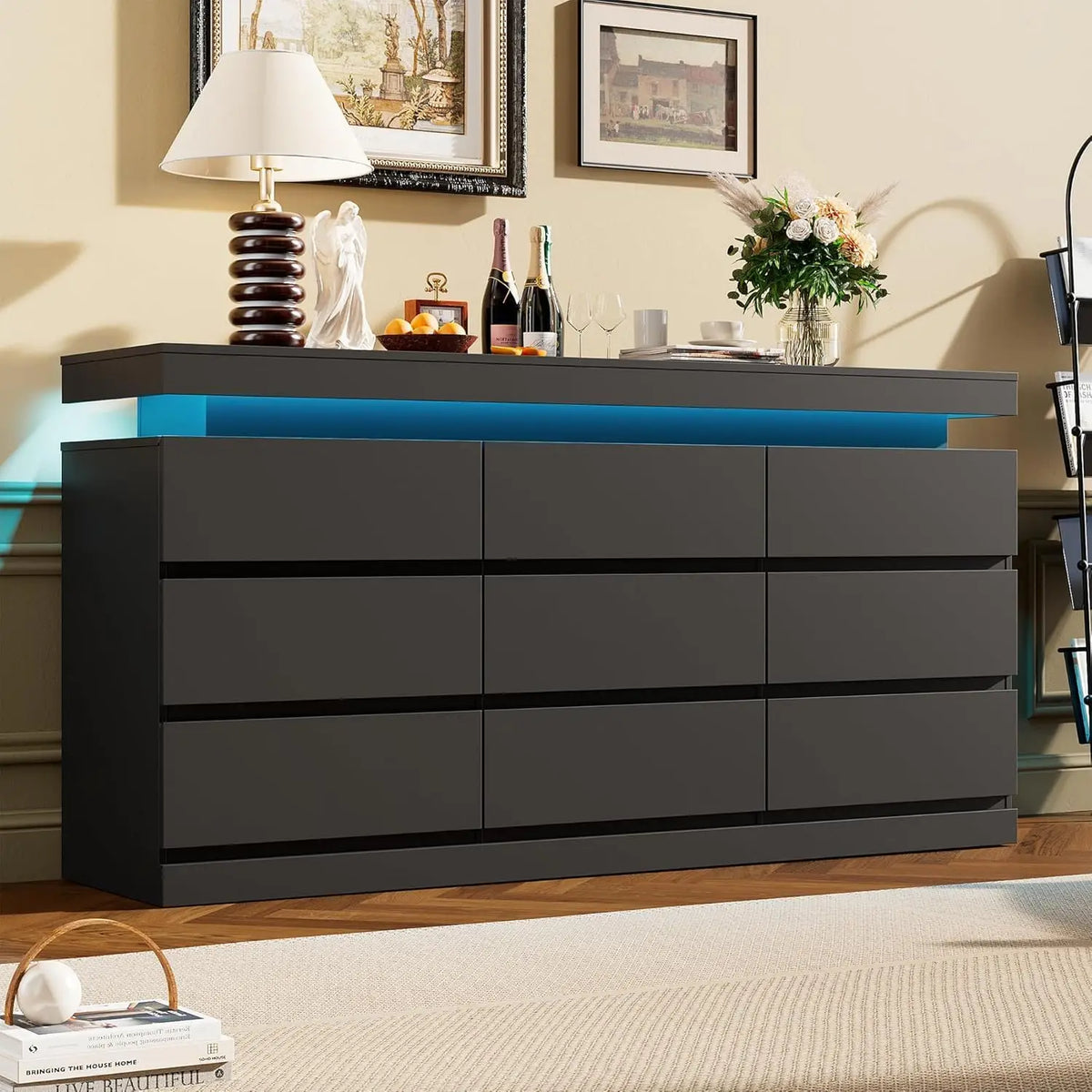 Acekool 9 Drawer Wooden Dresser With Led Lights And Charging Station