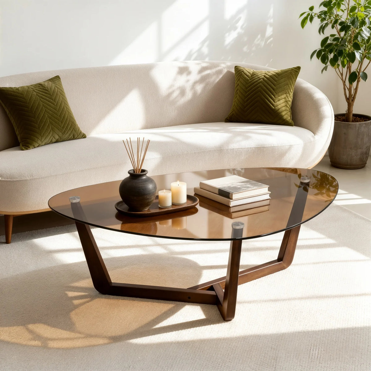 Triangular Tempered Glass Coffee Table With Sculptural Wood Base