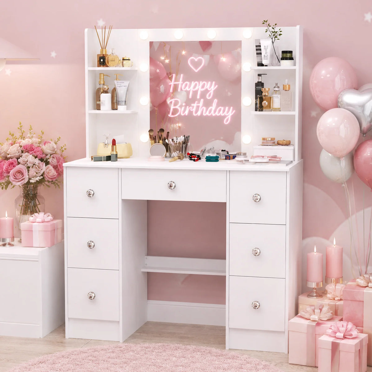 Onesaimei Adjustable Led Mirror Seven Drawer Vanity Desk Set