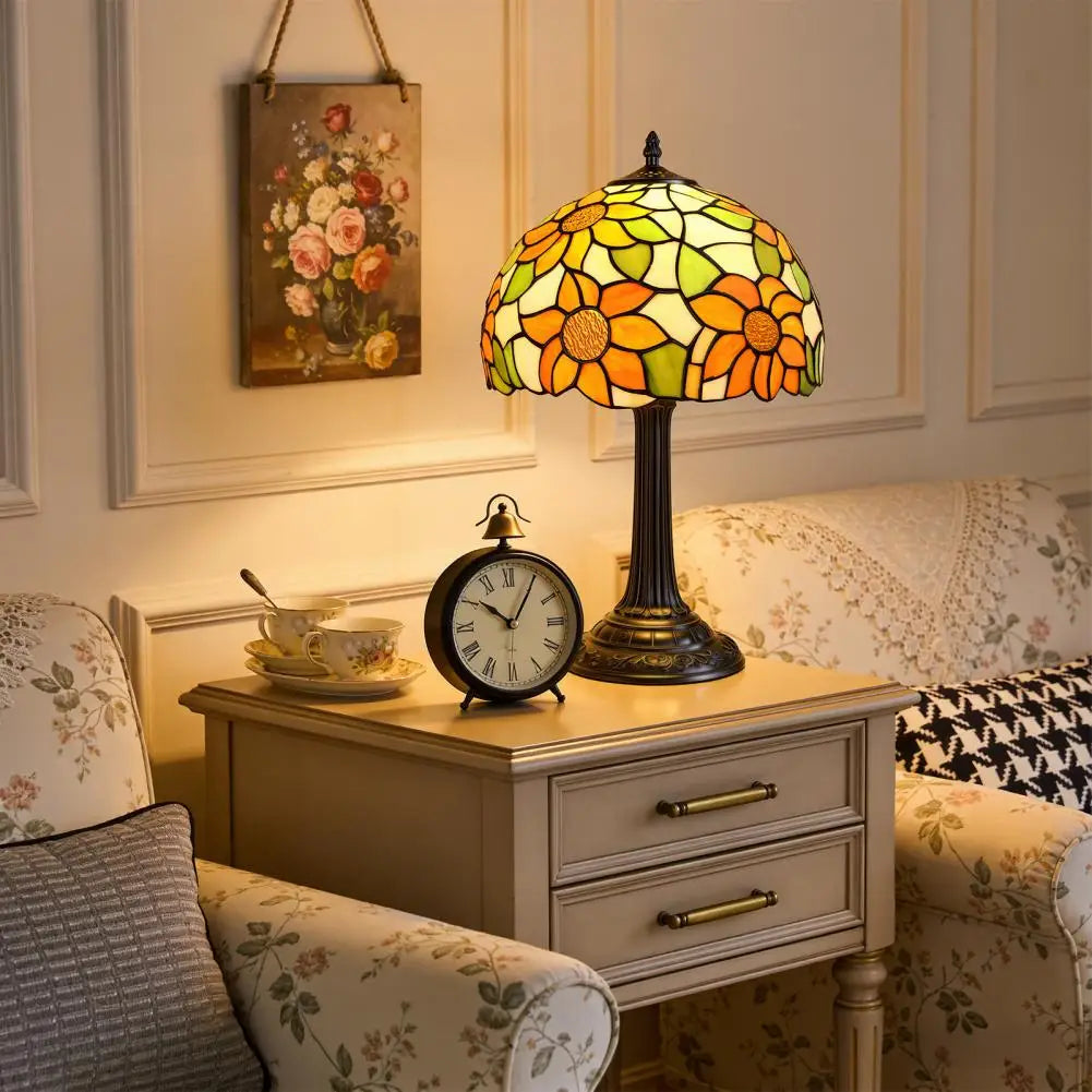 Vintage Stained Glass Sunflower Table Lamp For Bedroom