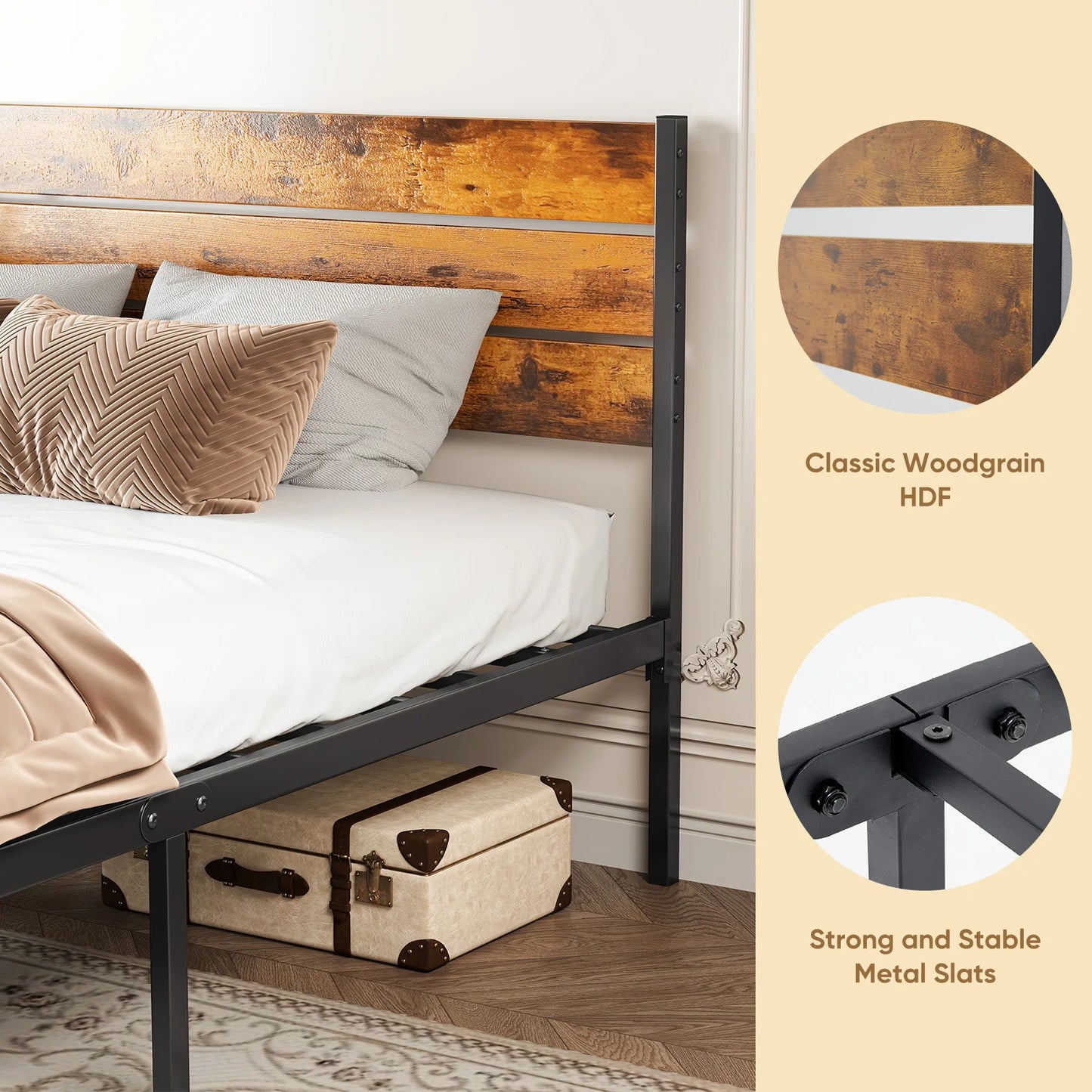 MCQ Wooden Headboard and Metal Platform Frame with Sturdy Slats