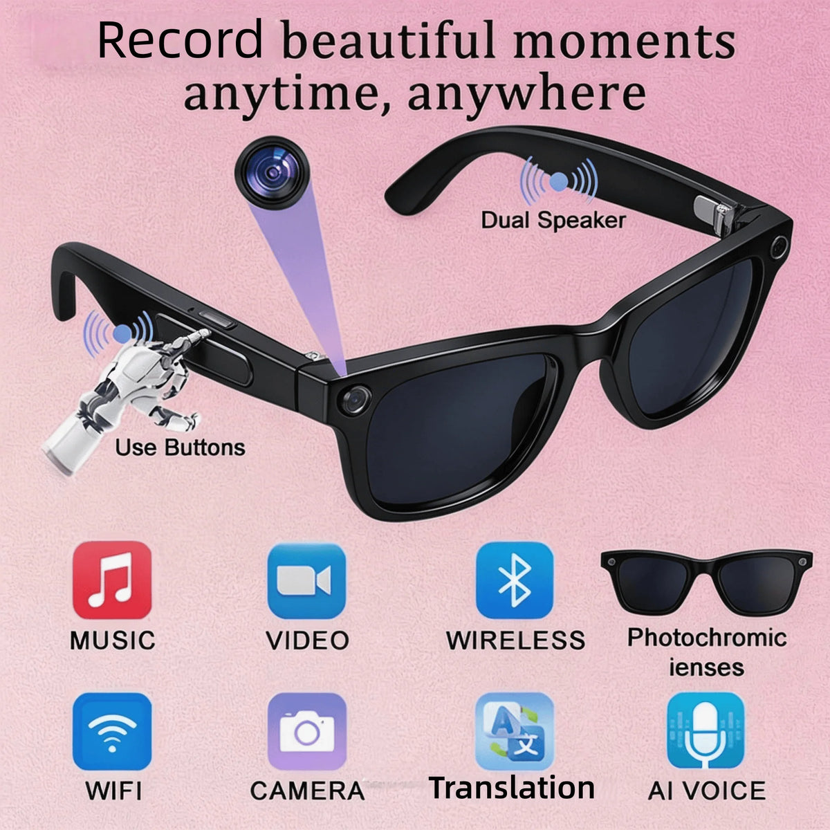 W&O AI Camera Glasses With Real Time Translation And Audio