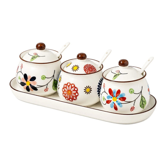 Hand-Painted Ceramic Spice Jar Set With Tray, Vintage Japanese Style