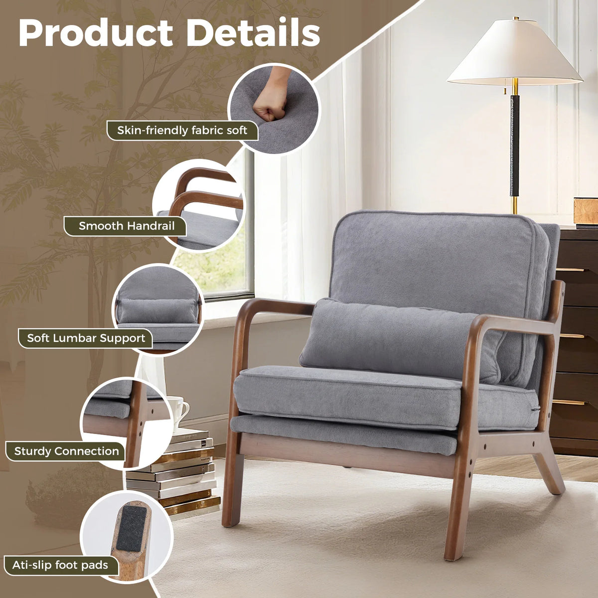 JHK Mid Century Modern Solid Wood Accent Chair With Cushion