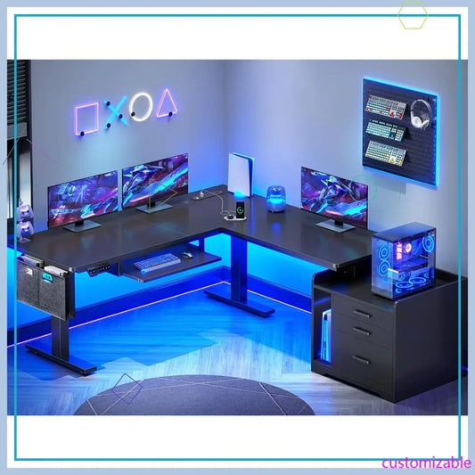L-Shaped Electric Standing Desk With File Cabinet Adjustable Height