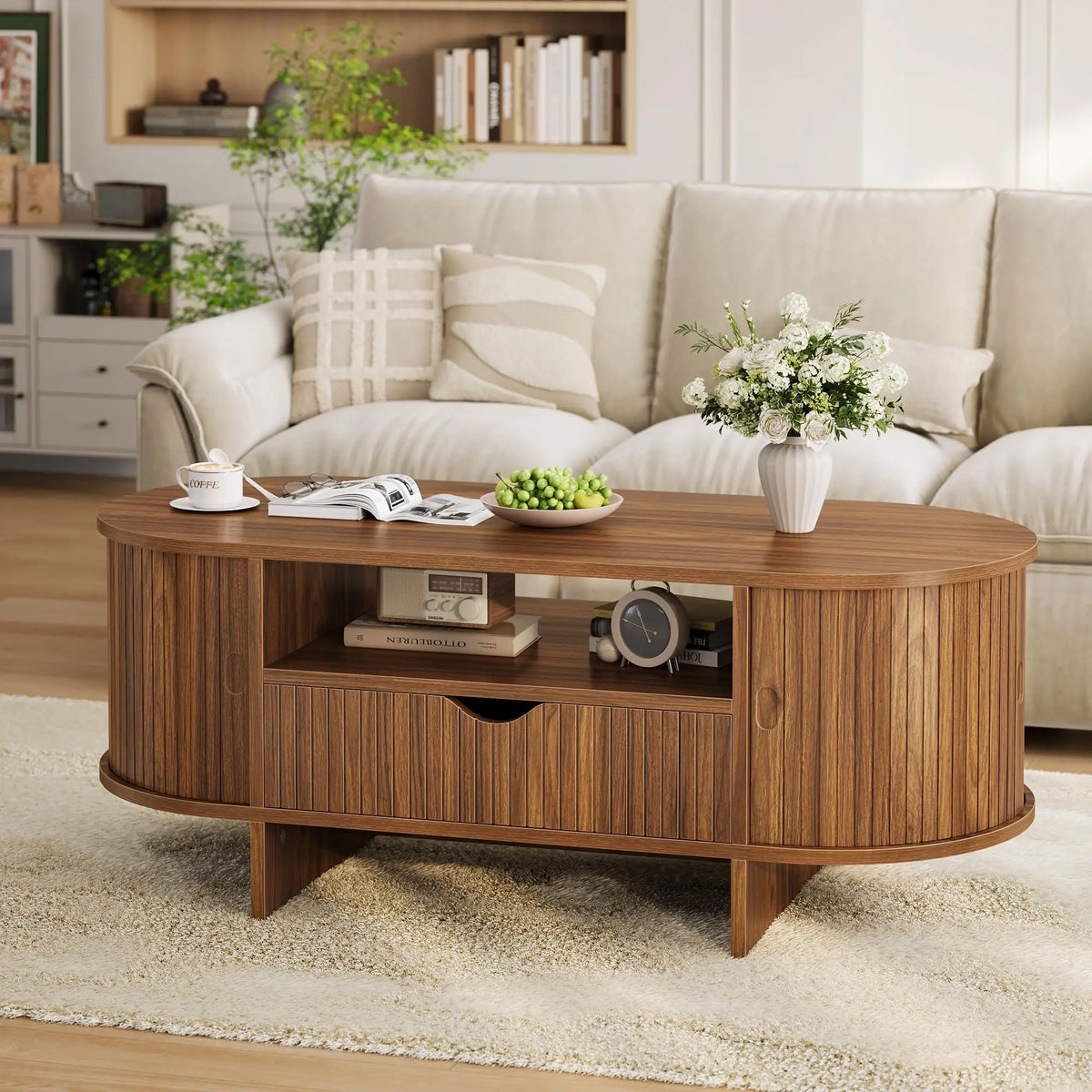 HiMISS Modern Fluted Oval Coffee Table With Storage Drawer And Cabinet